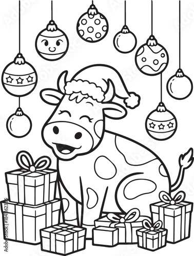 Happy Christmas Cow with Presents and Decorations Coloring Page