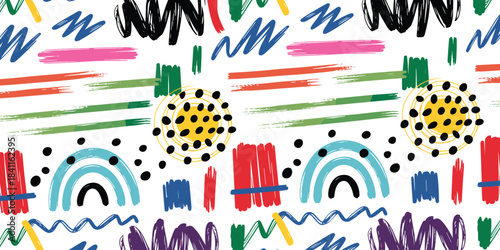 Abstract Hand Drawn Colorful Scribble Pattern With Rainbows And Circles Keywords: abstract, pattern, background, colorful, hand drawn, scribbles