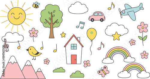 Cute Cartoon Cat Vector Outline Set: Eating Sweets, Drinking, and Sitting in Coffee Cups