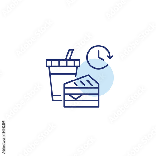 Fountain soda drink and sandwich, clock. Fast food scheduled delivery and meal pick-up on time. Pixel perfect, editable stroke vector icon