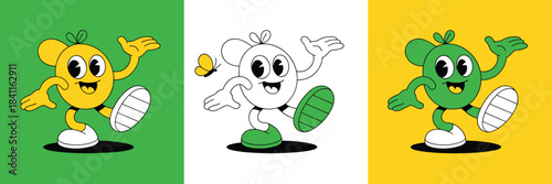 Cartoon Character in Three Styles Yellow Green Outline and White on Colored Backgrounds Keywords: cartoon, character, retro, vintage, animation