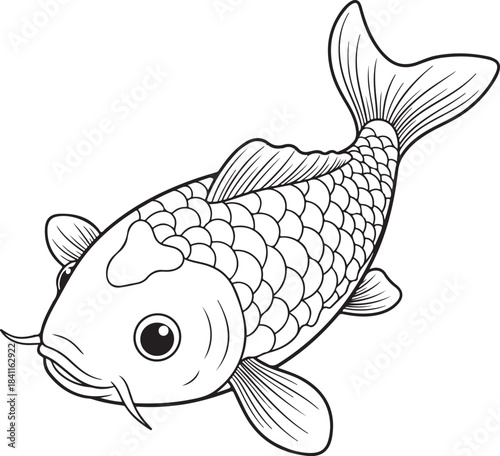 Artistic black and white line drawing of a single ornamental koi fish with detailed scales and flowing fins, Generative Ai