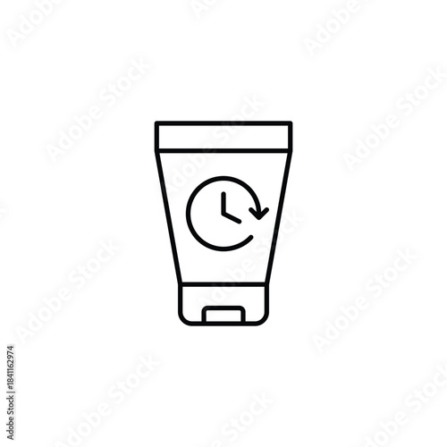 Cosmetics tube and clock. Skincare shelf life, expiry time and scheduled application. Pixel perfect, editable stroke vector icon