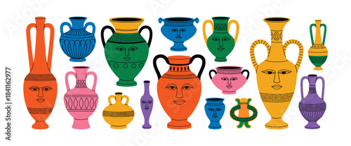 Collection of Colorful Ancient Greek Style Pottery with Faces illustration vector
