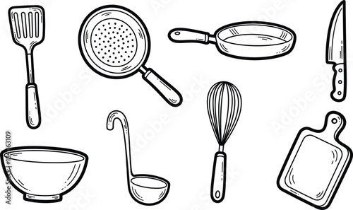 Monochrome seamless pattern of hand-drawn kitchen utensils and cookware. A vector illustration background with cooking tools, pots, pans, and whisks for culinary