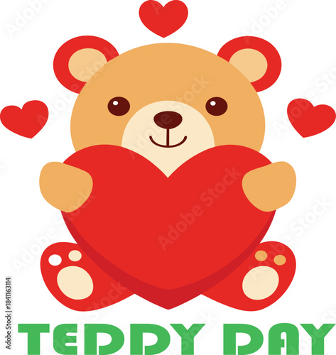 Cute teddy bear holding a big red heart with small hearts around