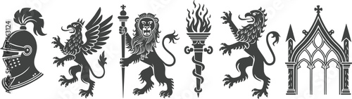 Collection of Heraldic Symbols Including Knight Helmet Griffin Lion and Torch heraldry crest