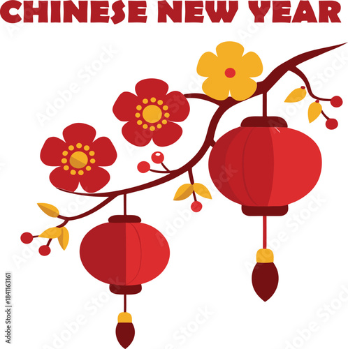 Chinese new year celebration with red lanterns and flowers