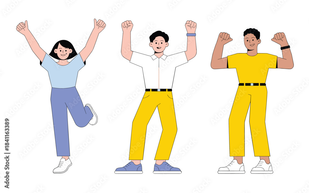 Obraz premium Three People Celebrating with Arms Raised in Yellow and Blue Outfits