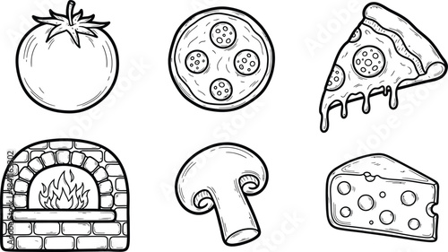 Italian pizza and ingredients. Italian food menu design template. Pizzeria menu design template. Vintage hand drawn sketch 