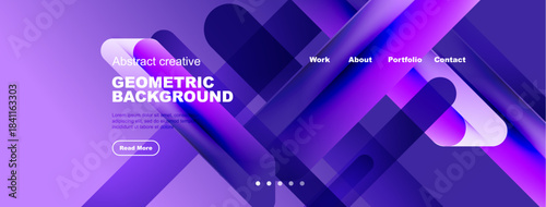 Purple abstract geometric background. Modern design features overlapping shapes, text elements, navigation menu. Minimalist aesthetic.
