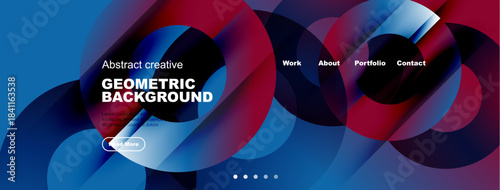 Abstract geometric background design. Blue, red hues dominate composition. Navigation menu present, button visible. Modern aesthetic.