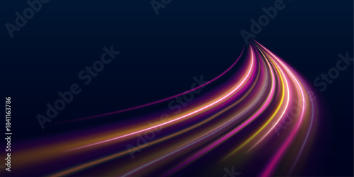 Twisting neon trails create an elegant wave effect. Light reflects in bright, glowing patterns. Ideal for tech posters and digital art.