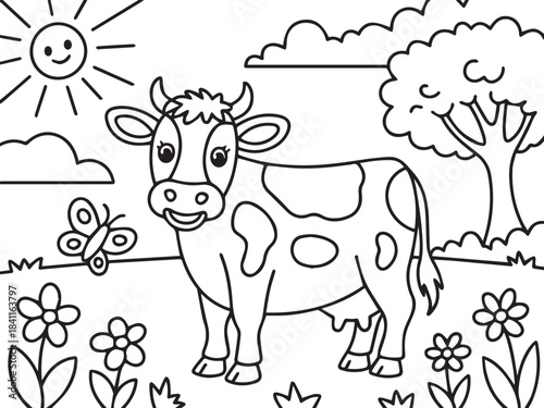 Happy farm cow and butterfly in sunny field