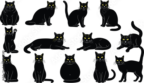 Collection of black cat illustrations in various poses with yellow eyes, sitting, standing and lying positions, perfect for pet artwork and design projects