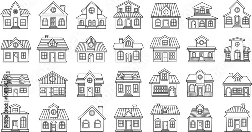 Collection of hand drawn small house icons, cute home illustrations, cottage and cabin designs for architecture, real estate, neighborhood and housing themes