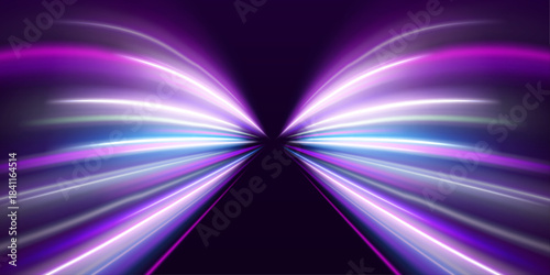 Bright motion ribbons sweep diagonally across space. Their shifting tones add soft depth. A glowing mist wraps around the path.