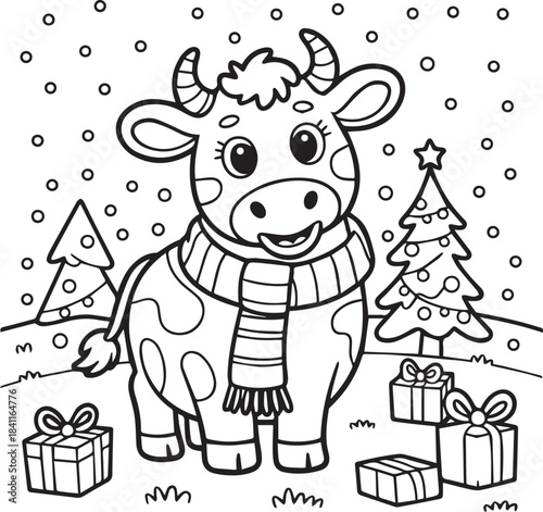Cute Winter Cow with Christmas Gifts Coloring Page