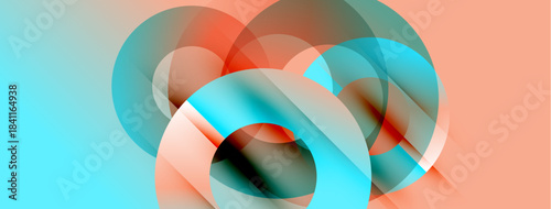 Abstract composition features overlapping translucent circles. Colors include turquoise, coral, gray. Minimalist design evokes fluidity, depth.