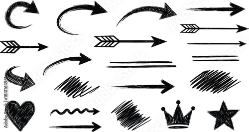 Vector art of collection of handdrawn doodle elements including crowns, stars, lightning bolts, arrows, clouds, question marks, exclamation points, and abstract shapes