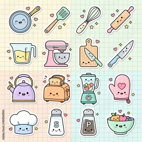 Adorable collection of pastel-colored kawaii kitchen utensils and appliances, perfect for cooking and baking-themed designs, featuring charming smiling cartoon characters on a grid background