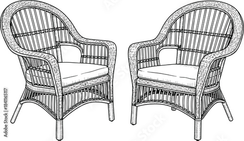 Detailed wicker armchair illustration showing two rattan chairs with cushions, vintage furniture design perfect for interior decor, home styling and artistic artwork projects