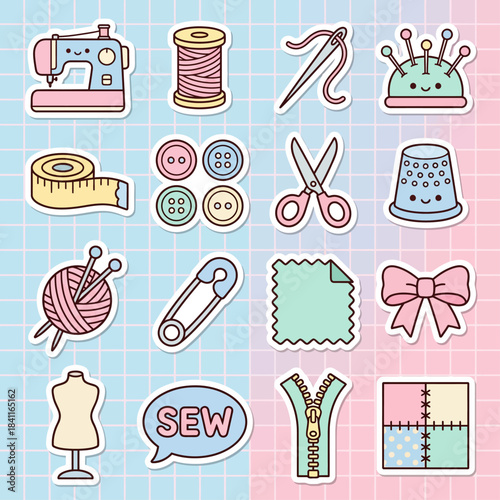Delightful collection of cute kawaii sewing and crafting tools, supplies, and accessories, presented as charming pastel vector icons, perfect for needlework projects, DIY, or creative design elements