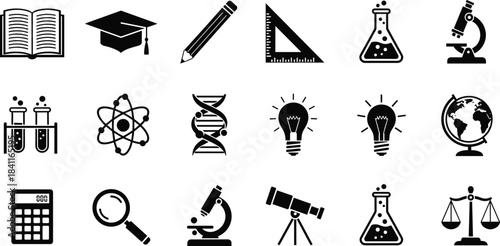 Education and science icons set featuring school tools, laboratory equipment, learning symbols, academic elements, research graphics, study illustrations for educational design