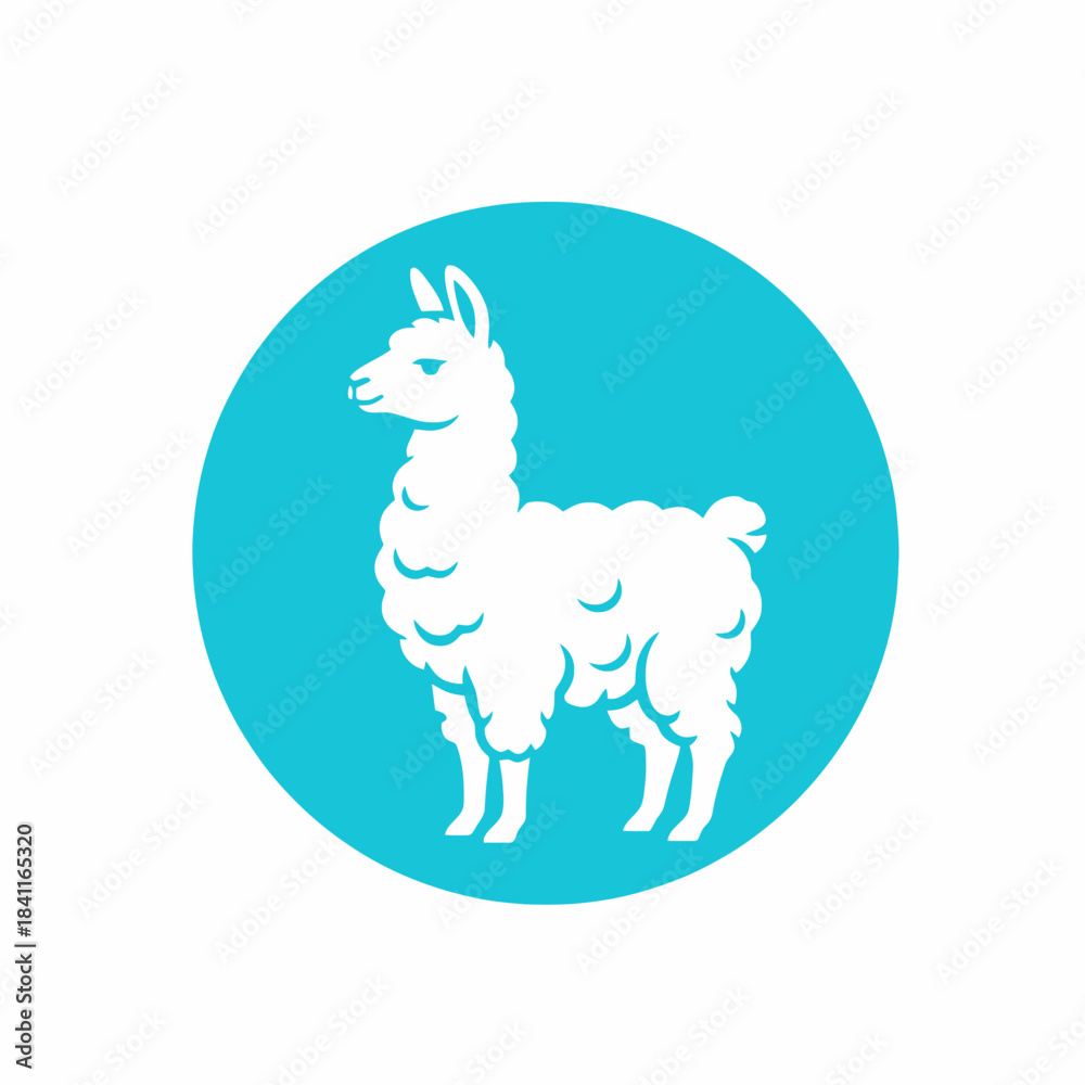 Obraz premium White Llama Illustration in a Blue Circle.