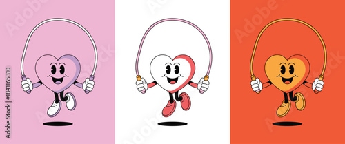 Three Cartoon Heart Characters Jumping Rope with Happy Expressions in Different Colors Keywords: heart, cartoon, character, jumping rope, skipping