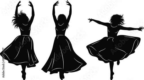 Elegant women dancing silhouette illustration with flowing dresses, expressive movement, artistic choreography, graceful female dancers in dynamic motion pose
