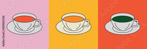 Three cups of tea or coffee in different colors on saucers against pastel backgrounds beverage black tea