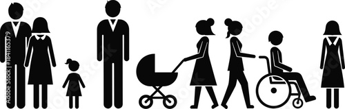 Family and community people icons showing parents, children, stroller, wheelchair assistance, female figures, inclusive society symbols, simple silhouette design