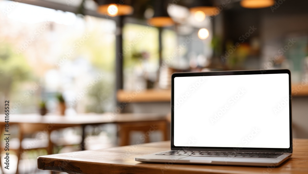 custom made wallpaper toronto digitalLaptop with blank screen on wooden table inside cafe