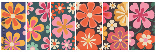 Vibrant Retro Floral Patterns in a Vertical Banner Layout Keywords: floral, retro, vintage, 1970s, groovy, flowers, pattern, seamless, design