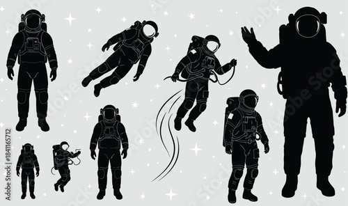 Set of Nine Astronaut Silhouettes Floating, Spacewalking, and Posing in Outer Space, Detailed Vector Illustration Collection for Science, Exploration, or Technology Design.