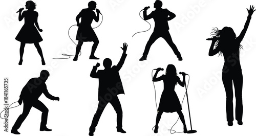 Set of Seven Male and Female Singer Silhouettes Performing Live on Stage with Microphones, Detailed Vector Illustration Collection for Music Concert or Karaoke Design.
