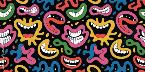 Whimsical Cartoon Monsters With Wide Grinning Mouths And Googly Eyes On Black Keywords: cartoon, monsters, pattern, whimsical, funny, grinning