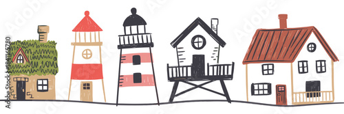 Whimsical Hand Drawn Coastal Houses and Lighthouses on White Background Keywords: coastal, houses, lighthouses, whimsical, hand drawn, illustration