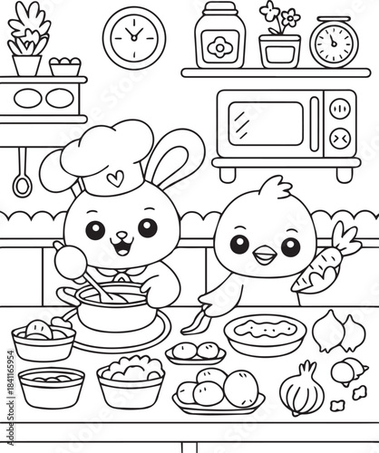 Cute Bunny and Chick Cooking Together in Kitchen