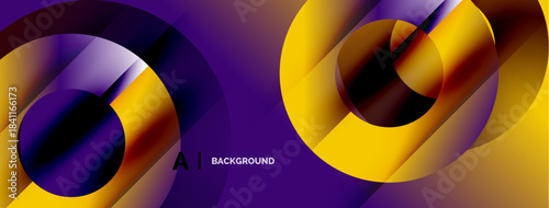 Abstract circles overlap, creating vibrant purple, gold gradients. Modern design, suitable for backgrounds, presentations. Smooth transitions present dynamic visual effect.