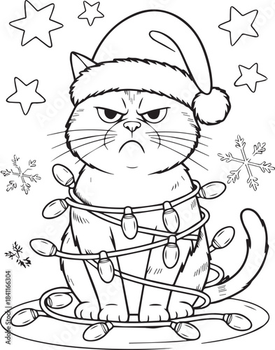 Grumpy cat tangled in festive Christmas lights coloring page