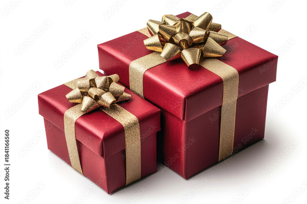 Fototapeta premium Two Red Gift Boxes with Golden Ribbon on White Background