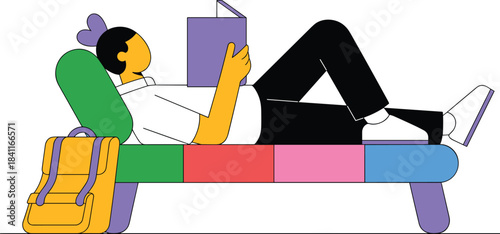 Person Relaxing on Colorful Bench Reading a Book with Backpack