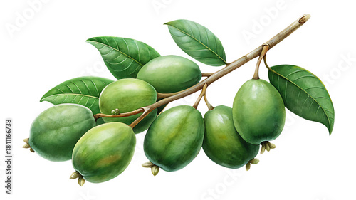 Green feijoa fruits and leaves on a branch, tropical edible plant