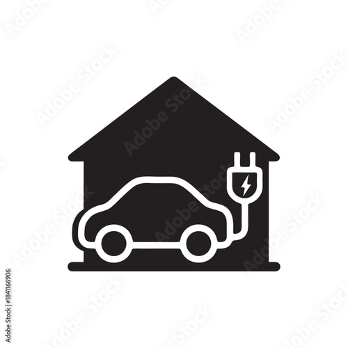 Smart House With Electric Car Charging Black And White Vector Icon