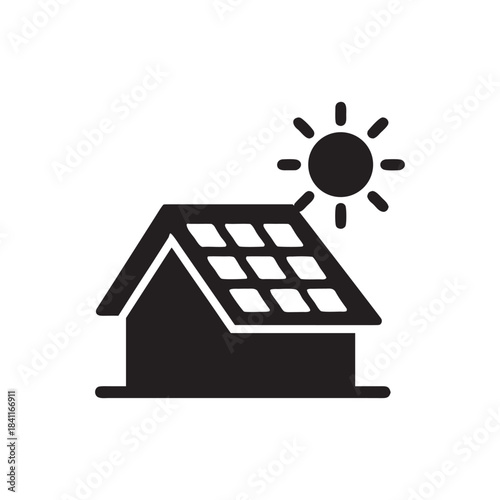 Smart house with solar panels icon black and white vector illustration of eco friendly energy efficient home