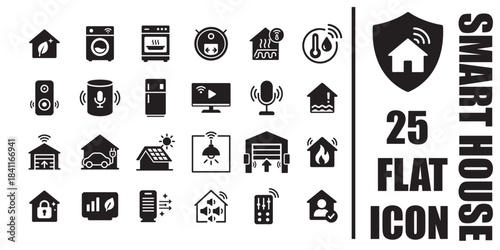 Smart house home automation black flat icon set with security shield garage solar panels electric car charging smart appliances and voice assistant 