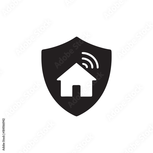 Smart house security icon black and white vector shield with wireless home symbol for smart home protection and automation