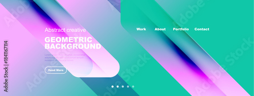 Abstract geometric background design. Vibrant colors, gradients, modern aesthetic. Includes text elements, navigation options, button.